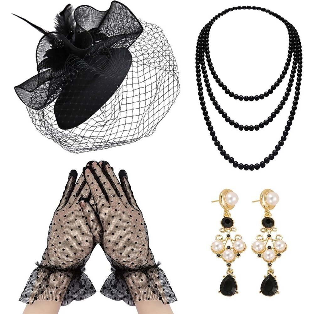 Black Tea Party Hats Set Women Vintage Fascinator Veil Feather Gloves Necklace